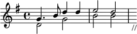 \header{ title = "China Radio International" }

% https://www.intervalsignals.net/sounds/chn-cri_070104.mp3
\relative<<
  {\key g \major g'4. b8 d4 d e2 d s8_"//"}\\
  {d,2 g b b}
>>
\midi{\tempo 4=90 \set Staff.midiInstrument = "vibraphone"}
