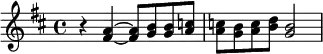 \header{ title = "Radio Bremen" }

% https://rias1.de/audiokennung.htm#:~:text=Bremen,-1963
\relative{
  \set Staff.midiInstrument = "electric piano 1"
  \key d \major \omit Script
  r4 <a' fis>4~ 8 <b g>8-. 8 <c a>8-. 8 <b g> <c a> <d b> <b g>2
}
\midi{\tempo 4 = 90}
