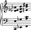 
\new PianoStaff <<
  \new Staff = "treble" {
    \relative c' {
      \clef treble \omit Staff.TimeSignature
      \override Stem.transparent = ##t
      <des ees aes>
      <c f b>
      <e b' dis>
    }
  }
  \new Staff = "bass" {
    \relative c, {
      \clef bass \omit Staff.TimeSignature
      \override Stem.transparent = ##t
      <c e'>
      <ees ges'>
      <f a' \parenthesize c>
    }
  }
>>
