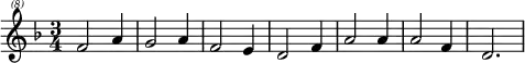 \header{ title = "Interval signal for DR P1" }

% https://www.intervalsignals.net/sounds/dnk-dr_243kHz_290817.mp3
\relative{
  \set Staff.midiInstrument = "vibraphone"
  \clef "treble^(8)" \key d \minor \time 3/4
  f''2 a4 g2 a4 f2 e4 d2 f4 a2 4 2 f4 d2.
}
\layout{indent=#0 line-width=#120 }
\midi{\tempo 4=80}
