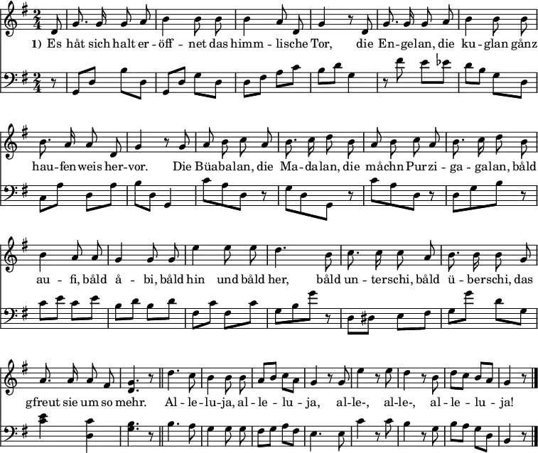 
% Accompaniment as found at ingeb.org
\header { tagline = ##f }
\layout { indent = 0
  \context { \Score \remove "Bar_number_engraver" }
  \context { \Voice \remove "Dynamic_engraver" }
}
global = { \key g \major \time 2/4 \partial 8 }

sopranoVoice = \relative c' { \global \autoBeamOff \set Staff.midiInstrument = "clarinet"
  d8 | g8. g16 g8 a | b4 b8 b | b4 a8 d, | g4 r8
  d8 | g8. g16 g8 a | b4 b8 b | b8. a16 a8 d, | g4 r8
  g | a b c a | b8. c16 d8 b | a b c a | b8. c16 d8 b |
  b4 a8 a | g4 g8 g | e'4 e8 e | d4.
  b8 | c8. c16 c8 a | b8. b16 b8 g | a8. a16 a8 fis | <g d>4. r8 \bar "||"
  d'4. c8 | b4 b8 b | a[ b] c[ a] | g4 r8 g | e'4 r8 e8 | d4 r8 b | d[ c] b[ a] | g4 r8 \bar "|."
}

verse = \lyricmode { \set stanza = "1)"
  Es håt sich halt er -- öff -- net das himm -- li -- sche Tor,
  die En -- ge -- lan, die ku -- glan gånz hau -- fen -- weis her -- vor.
  Die Büa -- ba -- lan, die Ma -- da -- lan, die må -- chn Pur -- zi -- ga -- ga -- lan,
  båld au -- fi, båld å -- bi, båld hin und båld her,
  båld un -- ter -- schi, båld ü -- ber -- schi, das gfreut sie um so mehr.
  Al -- le -- lu -- ja, al -- le -- lu -- ja, al -- le-, al -- le-, al -- le -- lu -- ja!
}

acc = \relative c { \global \set Staff.midiInstrument = "vibraphone"
  r8 | g\p d' b' d, | g, d' g d | d fis a c | b d g,4 |
  r8 fis' e es | d b g d | c a' d, a' | b d, g,4 |
  c'8 [a d,] r | \stemDown g [d g,] r \stemNeutral | c' [a d,] r | d [g b] r |
  c e c e | b d b d | fis, c' fis, c' | g [b g'] r |
  d, dis e fis | g g' d g, | <e' c>4 <c d,> | <b g>4. r8 \bar "||" \autoBeamOff
  b4. a8 | g4 g8 g | fis [g] a [fis] | e4. e8 | c'4 r8 c | b4 r8 g8 | b [a] g [d] | b4 r8 \bar "|."
}

\score {
  <<
    \new Staff \sopranoVoice \addlyrics \verse
    \new Staff { \clef bass \acc }
  >>
  \layout { }
  \midi { \tempo 4=102 }
}
