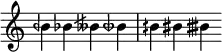{ \new Staff \with{\omit Score.TimeSignature } \fixed c' { beh bes \tweak Accidental.stencil #ly:text-interface::print \tweak Accidental.text \markup { \musicglyph #"accidentals.flatflat.slash" } beseh beseh! bih bis bisih } }