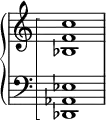 \new PianoStaff <<
\set PianoStaff.connectArpeggios = ##t
\override PianoStaff.Arpeggio.stencil = #ly:arpeggio::brew-chord-bracket
\new Staff \relative {
\omit Staff.TimeSignature
<bes f' c'>1\arpeggio
}
\new Staff \relative {
\clef bass
\omit Staff.TimeSignature
<des, aes' ees'>1\arpeggio
}
>>