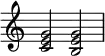  {
\override Score.TimeSignature #'stencil = ##f
\relative c' { 
  \clef treble \time 4/4
  <c e g>2 <b e g>
} }
