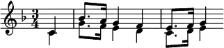 \header{ title = "Berliner Rundfunk" }

% https://www.intervalsignals.net/sounds/ger-z-brf_c1975.mp3
% Act3 Finale
\relative{
  \key f \major \time 3/4
  \set Staff.midiInstrument = "french horn"
  \set Staff.midiMaximumVolume = #0.9
  \omit Staff.Script
  \partial 4
  <<{
    c'4-. bes'8.-. a16-. g4-. f-. e8.-. f16-. g4-.
  }\\{
    c,4-. g'8.-. f16-. e4-. d-. c8.-. d16-. e4-.
  }
  >>
}
\midi{\tempo 4 = 100}

