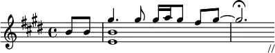 \header{ title = "Radio Sakha" }

% https://www.intervalsignals.net/sounds/rus-nvk_radio_sakha_180716.mp3
\relative<<
  \key e \major \partial 4
  {b'8 b gis'4. 8 16 a gis8 fis gis8~ 2.\fermata s8_"//"}\\
  {s4 <e, b'>1*7/4}
>>
\midi{\tempo 4=63 \set Staff.midiInstrument = "drawbar organ"}

