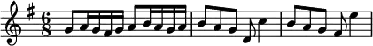  {
\set Score.currentBarNumber = #1
\bar ""
\key g \major \time 6/8 
\relative c'' { 
   \clef treble
   g8 a16 g fis g a8 b16 a g a
   b8 a g d c'4
   b8 a g fis e'4
} }
