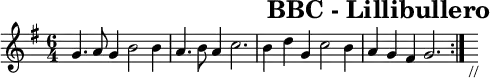 \header{tagline=##f title="BBC - Lillibullero"}
% https://www.intervalsignals.net/sounds/ukg-bbcws_lillibolero_230799.mp3
common = {\key g \major \time 6/4}
mainA = \relative{ \repeat volta 2{
  g'4.-_ a8-. g4-. b2-_ 4-. a4.-_ b8-. a4-. c2.-_
  b4-. d-. g,-. c2-_ b4-. a-. g-. fis-. g2.-_
}}
main = {\set Staff.midiInstrument = "trumpet" \common \mainA s8_"//"}
acco = <<
\new Staff{
  \set Staff.midiInstrument = "clarinet"
  \common \transpose c c' \mainA
}
\new Staff \relative{
  \set Staff.midiInstrument = "string ensemble 1"
  \set midiMaximumVolume = #0.9 \clef bass \common
  \repeat volta 2{
  <g, b' d>4 r r <e g' d'> r r <a c' e> r r <d, a'' fis'> r r
  <g b' g'> r r <c, g'' e'> r r <d fis' d'> r r <g g' b> r r
  }
}
>>
\score{{\omit Script \main}
\layout{indent=0 line-width=120}}
\score{\unfoldRepeats <<\main \acco>> \midi{\tempo 2.=106}}
