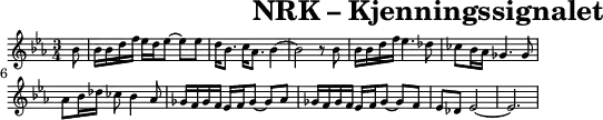 \header{tagline=##f title="NRK – Kjenningssignalet"}
% https://www.intervalsignals.net/sounds/nor-z-radio_norway_rvd_c1981.mp3
common = {\key es \major \time 3/4 \partial 8}
main = \relative{
  \common bes'8 16 16 d f es d es8~ 8 8 d16 bes8. c16 as8. bes4~ 2 r8 bes8
  16 16 d f es4. des8 ces bes16 as ges4. 8 as bes16 des ces8 bes4 as8
  ges16 f ges f es f ges8~ 8 as ges16 f ges f es f ges8~ 8 f
  es des es2~ 2.
}
acco = \relative{
  \set midiMaximumVolume = #0.7 \clef "treble_(8)" \common s8
  <d' f>4 <c as'>2 <bes g'>4 <as f'> <ges es'>4~ 2.
  <f d'>4 <ges es'> <as f'>4~ 4 <ces es>2 <fes, des'>2.
  <es bes'>2~ 8 <as ces> <es bes'>2~ 8 <as~ des>
  <ces,~ as'>4 ces <es ges bes>4~ 2.
}
\paper{system-system-spacing = #'((basic-distance . 0))}
\score{\main
\layout{indent=#0 line-width=#120 \context{\Staff \magnifyStaff 0.7}}
}
\score{<<\main \new Staff \acco>>
\midi{\tempo 4=60 \set Score.midiInstrument = "orchestral harp"}
}
