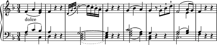
\header { tagline = ##f}
\layout { indent = 0 ragged-last = ##t
  \context { \Score \remove "Bar_number_engraver" }
  \context { \Voice \remove "Dynamic_engraver" }
}
rightIII = \relative c' { \key f \major \time 3/4
  f4_"dolce" (a <g e>) | f r r | \acciaccatura { d32 g bes } d2~ d16 c-. bes-. a-. | g4 r r
  g (bes a) | g r8 g-! bes-! d-! |
  << { \slurUp f,2  (a8 g) } \\ \new Voice { \voiceTwo s2 e4 } >> | f r r |
}

leftIII = \relative c' { \key f \major \time 3/4
  <<
    { \voiceOne a4 (c bes) | a r r | g2.~ | g4 r r | c2. | g4 r r | <a f>2 (<bes g>4) | a r r | }
 \\ { \voiceTwo f2 c4 | d4 r r | \slurDotted <f d bes>2.( | <e c>4) r r | \slurSolid
      \set doubleSlurs = ##t <bes' g e>2 (<a f>4) | <d, bes> r r | c2. | f4 r r | }
  >>
}

pianoPartIII = \new PianoStaff
  <<
    \new Staff = "right" \with { midiInstrument = "acoustic grand" }
      \rightIII
    \new Staff = "left" \with { \consists "Merge_rests_engraver" midiInstrument = "acoustic grand" }
      { \clef bass \leftIII }
  >>
  
\score {
  <<
    \pianoPartIII
  >>
  \layout { }
  \midi { \tempo  4 = 112 }
}
