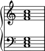 \new PianoStaff <<
  \omit Score.TimeSignature
  \new Staff { <f' a' c''>1 }
  \new Staff { \clef bass <c e g>1 }
>>