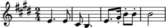 \header{ title = "Radio Prague" }

% https://www.intervalsignals.net/sounds/cze-z-cro7_radio_prague_021102.mp3
% Mvt.1, b.189
\relative{
  \set Staff.midiInstrument = "french horn"
  \set midiMaximumVolume = #1.0
  \key e \major \time 2/4
  \omit Script e'4. e8-. cis-. b4.
  \undo\omit Script e8. gis16-. b8-. 8-. 2
}
\midi{\tempo 4 = 110}
