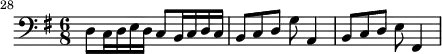  {
\set Score.currentBarNumber = #28
\bar ""
\key g \major \time 6/8
\relative c { 
   \clef bass
   d8 c16 d e d c8 b16 c d c
   b8 c d g a,4
   b8 c d e fis,4
} }
