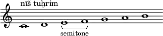 \new Staff \with { \consists Horizontal_bracket_engraver \remove "Time_signature_engraver" \remove "Bar_engraver" }
\relative c' {
c1^"nīš tuḫrim" d e -\tweak HorizontalBracketText.text "semitone" \startGroup f\stopGroup g a b}