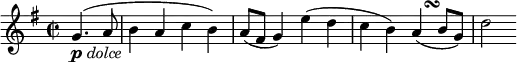 \relative g' {
\key g \major \time 2/2
\partial 2 g4.( _\markup{ \musicglyph #"p" \italic "dolce" } a8
b4 a c b)
a8( fis g4) e'( d
c4 b) a( -\tweak X-offset #2.8 \turn b8 g)
d'2
}