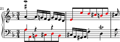 
{
      \new PianoStaff <<
        \new Staff <<
            \relative c'' {
                \set Score.currentBarNumber = #21
                \set Score.proportionalNotationDuration = #(ly:make-moment 1/8)

                \bar ""
                \clef treble \key d \minor \time 3/4
                \once \override TextScript.script-priority = #-100 a4~^\mordent^\markup { \sharp } a16 g! f e g f e d
                \override NoteHead.color = #red \stemUp e8 e' d cis b d 
                \override NoteHead.color = #black cis16
                }
            >>
        \new Staff <<
           \clef bass \key d \minor \time 3/4
           \new Voice \relative c' {
                \override NoteHead.color = #red a8 a, b cis d b
                \override NoteHead.color = #black cis16 a gis a f'4-. d\trill a'8
                }
           \new Voice \relative c' {
                \stemUp \override NoteHead.color = #red a4 r r
                }
            >>
    >> }
