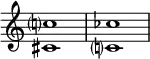 
{
\override Score.TimeSignature
#'stencil = ##f
    \relative c' {
        \time 4/4
        \set Score.tempoHideNote = ##t \tempo 1 = 20
        <cis c'?>1 <c? ces'>
    }
}
