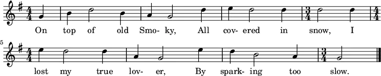 
\relative a { 
\key g \major
\numericTimeSignature
\time 4/4
\tempo ""
\tempo 4 = 150
\partial 4
g'4
b d2 b4
a g2 d'4
e d2 d4
\time 3/4 
d2 d4
\time 4/4 
e4 d2 d4
a g2 e'4
d b2 a4
\time 3/4 
g2
\bar "|."
}
\addlyrics {
On top of old Smo- ky, All cov- ered  in snow, I lost my true lov- er, By spark- ing too slow.}

