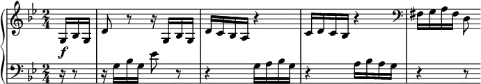 
\relative c' {
 \new PianoStaff <<
  \new Staff {
   \key g \minor \time 2/4 \set Score.tempoHideNote = ##t \tempo %{ "Allegro." %} 4=116 \partial 8.
   g16\f bes g d'8 r r16 g,16 bes g d' c bes a r4
   c16 d c bes r4 \clef bass fis16 g a fis d8
  }
  \new Staff { \key g \minor \time 2/4 \clef bass
   r16 r8 r16 g bes g es'8 r8 r4 g,16 a bes g r4 a16 bes a g r4 r8
  }
 >>
}
