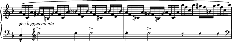 \new PianoStaff <<
\new Staff \relative { \key d \minor \time 6/4 \omit Score.TimeSignature \tempo 2. = 58 \set Score.tempoHideNote = ##t
a'16(_\markup { \dynamic p \italic e \italic leggiermente } f c a'
gis f b, gis'
a f c a'
bes? f d bes'
a f cis a'
bes f d bes'
a f c? a'
gis f b, gis'
a f c a'
a' f c a'
gis f b, gis'
a f c a') }
\new Staff \relative { \key d \minor \clef bass \override Staff.Rest.style = #'classical
<f, c'>4-. \clef treble c'''2-> c4-. c2-> | c4-. c2-> r4 r r \clef bass }
>>