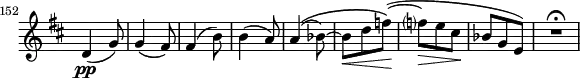 \relative c' \new Staff \with { \remove "Time_signature_engraver" } {
\key d \major \time 3/8
\set Staff.midiInstrument = "violin"
\set Score.tempoHideNote = ##t \tempo 4. = 76
\set Score.currentBarNumber = #152 \bar "||"
d4(\pp g8) g4( fis8) fis4( b8) b4( a8) a4( \( bes8)~ bes\< d f\! \) (~ f?\> e cis\! bes g e) R2*3/4\fermata }