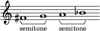 \new Staff \with { \consists Horizontal_bracket_engraver \remove "Time_signature_engraver" \remove "Bar_engraver" }
\relative c' {
fis1-\tweak HorizontalBracketText.text "semitone"\startGroup g\stopGroup a-\tweak HorizontalBracketText.text "semitone"\startGroup bes\stopGroup }