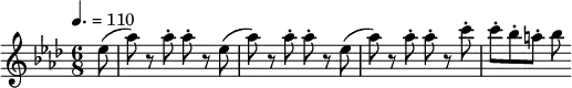 
\relative c'' { 
  \set Staff.midiInstrument = #"flute"
  \tempo 4. = 110
  \key as \major
  \time 6/8
  \partial 8 es8( as) r8 as8-. as-. r8 es8( as) r8 as8-. as-. r8 es8( as) r8 as8-. as-. r8 c8-. c-. bes-. a-. bes
}
