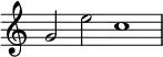 \header{ title = "Interval signal for NBC" }

{
  \set Staff.midiInstrument = "vibraphone"
  \omit Staff.TimeSignature
  \cadenzaOn
  g'2 e'' c''1*2 \bar "|"
}
\midi{\tempo 2 = 152}
