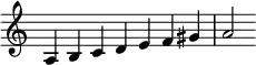 {
\override Score.TimeSignature #'stencil = ##f
\relative c' {
\clef treble \time 7/4
a4 b c d e f gis a2 }
}