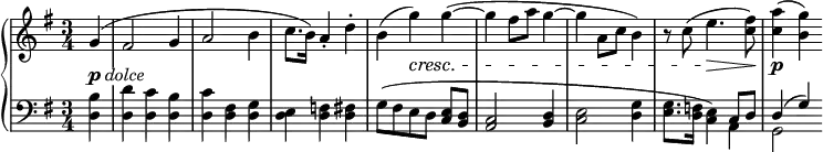 
\relative c'' {
 \new PianoStaff <<
  \new Staff {
   \key g \major \time 3/4 \set Score.tempoHideNote = ##t \tempo %{ "Andante con moto." %} 4=86 \partial 4
   g4 %{ ^\markup { \italic { Cantabile e compiacevole. } } %} ( fis2 g4 a2 b4 c8. b16) a4-. d-.
   b( g') g( ~ g fis8 a g4~ g a,8 c b4)
   r8 c( e4. <fis c>8) <a c,>4( <g b,>)
  }
  \new Dynamics {
   \override TextScript #'whiteout = ##t
   s4-\markup { \dynamic p \italic dolce } s2. s s
   s4 s\cresc s s2. s s4 s4.\> s8\! s\p
  }
  \new Staff { \key g \major \time 3/4 \clef bass
   <b,, d,>4 <d d,> <c d,> <b d,> <c d,> <fis, d> <g d> <e d> <f d> <fis d>
   g8( [ fis e d] <e c> <d b> <c a>2 <d b>4 <e c>2 <g d>4
   <g e>8. <f d>16 <e c>4) << { c8 d d4( g) } \\ { a,4 g2 } >>
  }
 >>
}
