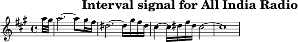 \header{tagline=##f title="Interval signal for All India Radio"}
% https://www.intervalsignals.net/sounds/ind-z-air_external_rvd_c1965.mp3
common = {\key fis \minor}
main = \relative{
  \set Staff.midiInstrument = "violin" \common \grace{s8}
  s2 s4 s8. a''32 gis a2.~ 8 gis16 fis dis2.~ 16 gis fis dis
  cis4~ 16 dis fis dis cis2~ 1
}
acco = {
  \set Staff.midiInstrument = "sitar"
  \set midiMaximumVolume = #0.6 \common \clef bass
  \grace{s8\sustainOn} \repeat unfold 5{fis,4 cis fis cis} s8\sustainOff
}
\score{\main \layout{indent=#0 line-width=#120 }}
\score{<<\main \new Staff \acco>> \midi{\tempo 4=91}}
