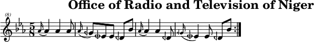 \header{tagline=##f title="Office of Radio and Television of Niger"}
% 0:27 https://www.intervalsignals.net/sounds/ngr-ortn_lv_du_sahel_220124.mp3
main = \relative{
  \set Staff.midiInstrument = "flute"
  \set midiMaximumVolume = #0.9
  \clef "treble^(8)" \key es \major \time 5/8
  \repeat volta 2{
  \grace{as''16*2(} 4) 4 8 \grace{as16*2(} geh8) eeseh8 8 deh bes'
  \grace{as16*2(} 4) 4 deh,8 \grace{geh16*2(} eeseh4) 8 deh bes'
  }
}
\score{\main \layout{indent=#0 line-width=#120 }}
\score{\unfoldRepeats \main \midi{\tempo 4=180}}
