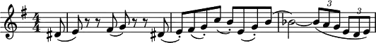 \header {tagline = ##f }
%\paper { #(set-paper-size "a4") }
%\layout { \context { \Score \remove "Bar_number_engraver" } }
global = { \key e \minor \numericTimeSignature \time 4/4 \partial 8 }
tenorSax = \relative c' { \global \transposition c
dis8 ( | e) r r fis (g) r r dis ( | e-.) fis (g-.) c (b-.) e, (g-.) b ( |
bes2~ ) \tuplet 3/2 4 { bes8 (a g e d e) } |
}
\score {
\new Staff \with { midiInstrument = "tenor sax" } \tenorSax
\layout { }
\midi { \tempo 4=120 }
}