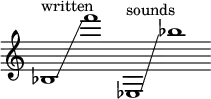 {
\new Staff \with { \remove "Time_signature_engraver" }
\clef treble \key c \major \cadenzaOn
bes1 ^ \markup "written" \glissando f'''1
ees1 ^ \markup "sounds" \glissando bes''1
}