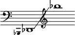  {
    \new Staff \with { \omit Score.TimeSignature }
    \key c \major \cadenzaOn
    \clef bass \omit Stem \grace { bes,,4 }
    des,1 \glissando \clef treble bes''
} 
