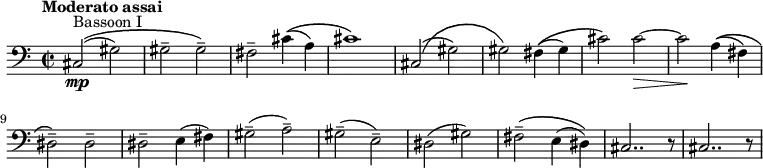  {\new PianoStaff {<<

\new Staff \relative c'{\set Staff.midiInstrument=#"bassoon" \time 2/2 \set Score.tempoHideNote = ##t \tempo "Moderato assai" 4=138 \autoBeamOff \clef bass \key a \minor ^\markup {Bassoon I} |\mp cis,2\(( gis'2)|gis2-- gis2--\)|fis2-- cis'4\(( a4)|cis1\)|cis,2\(( gis'2)|gis2\) fis4\(( gis4)|cis2\) \override Hairpin.to-barline = ##f cis2~\> |cis2 \! a4\(( fis4)|dis2--\) dis2--|dis2-- e4( fis4)|gis2--( a2--)|gis2--( e2--)|dis2( gis2)|fis2--\( e4( dis4)\)|cis2.. r8|cis2.. r8|}>>}}