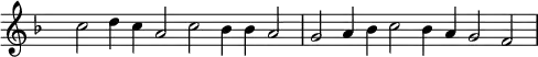 
{ \key f \major 
\set Score.tempoHideNote = ##t
\tempo 2=72
\set Staff.midiInstrument = "english horn"
\override Score.TimeSignature #'transparent = ##t 
\override Score.BarNumber  #'transparent = ##t
\time 6/2
c''2 d''4 c'' a'2 c'' bes'4 bes' a'2
g'2 a'4 bes' c''2 bes'4 a' g'2 f'
}

