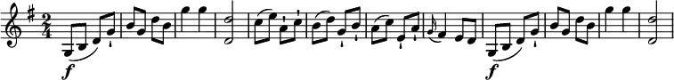 
\relative c'' { \set Staff.midiInstrument = "string ensemble 1" \set Score.tempoHideNote = ##t
    \key g \major
    \time 2/4
    \tempo 4 = 150
  g,8\f (b d) g-!
  b g d' b
  g'4 g
  < d, d'>2
  c'8 (e) a,-! c-!
  b (d) g,-! b-!
  a (c) e,-! a-!
  \grace g16 (fis4) e8 d
   g,8\f (b d) g-!
  b g d' b
  g'4 g
  < d, d'>2
  }
