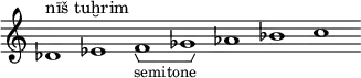 \new Staff \with { \consists Horizontal_bracket_engraver \remove "Time_signature_engraver" \remove "Bar_engraver" }
\relative c' {
des1^"nīš tuḫrim" es f -\tweak HorizontalBracketText.text "semitone"\startGroup ges\stopGroup as bes c }