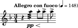 \relative c''' { \clef treble \key d \minor \time 3/4 \tempo "Allegro con fuoco" 4 = 148 r4 a:32\pp\< a8\!-. a-> | a-> }