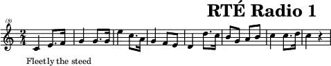 \header{tagline=##f title="RTÉ Radio 1"}
% https://www.intervalsignals.net/sounds/irl-rte1_240308.mp3
main = \relative{
  \clef "treble^(8)" \time 2/4
  c''4 e8. f16 g4 g8. g16 e'4 c8. a16 g4 f8 e d4 d'8. c16 b8 g a b c4 c8. d16 c4 r
}
acco = \relative{
  \set midiMaximumVolume = #0.5 \clef "treble^(8)"
  r1 \grace{c''16\sustainOn g'}g'4 r\sustainOff r2
  \grace{a,16\sustainOn d}f4 r\sustainOff \grace{g,,16\sustainOn g' d'}g4 r\sustainOff <c,,~ g' e'> <c a' f'> <g' e'> r
}
\score{\main \addlyrics{Fleet -- ly the steed}
\layout{indent=#0 line-width=#120
  \context{\Staff \magnifyStaff 0.8}
  \context{\Lyrics fontSize = #-3 }
}
}
\score{<<\main \new Staff \acco>>
\midi{\tempo 4=100 \set Staff.midiInstrument = "celesta"}
}
