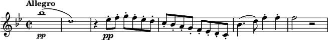 
\relative c''' {
  \tempo "Allegro"
  \tempo 2 = 90
  \set Staff.midiInstrument = #"violin"
  \key bes \major
  \time 2/2
  \tiny bes1\pp (| d,) | \normalsize r4 es8-.\pp f-. g-. f-. es-. d-. | c-. bes-. a-. g-. f-. es-. d-. c-. | bes'4. (d8) f4-. f-. | f2 r
}
