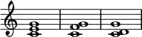 {
\override Score.TimeSignature #'stencil = ##f
\relative c' {
\clef treble
\time 4/4
\key c \major
<c e g>1 <c f g>1 <c d g>1
} }