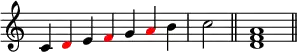 {
\override Score.TimeSignature #'stencil = ##f
\relative c' {
\clef treble
\time 7/4 c4 \once \override NoteHead.color = #red d e \once \override NoteHead.color = #red f g \once \override NoteHead.color = #red a b \time 2/4 c2 \bar "||"
\time 4/4 <d, f a>1 \bar "||"
} }