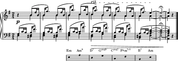 { <<
\new Dynamics {
s2 s s4 s \tempo 8 = 87 s-"rit." \tempo 8 = 82 s \tempo 8 = 77 s \tempo 8 = 72 s
}
\new PianoStaff <<
\new Staff \with{ \magnifyStaff #3/4 } <<
\new Voice \relative c' {
\key e \minor \set Score.tempoHideNote = ##t \tempo 8 = 92 \time 2/4 \stemUp \slurUp \tieUp
r4 b'8( fis'16 b, | b g'8.) b,8( fis'16 b, | b b'8.) c,8( b'16 c, | c a'8.^\startTextSpan) b,8( a'16 b, | b g'8.) a,8( g'16 a, | a fis'8.) e4 ~ \stopTextSpan e2 \fermata ~ e4 r \bar "|."
}
\new Voice \relative c' {
\stemDown \tieDown
s4 b'4 b b b c c b b a a a ~ a2 ~ a4 s4
}
\new Dynamics {
\p
}
\new Staff \with{ \magnifyStaff #3/4 } <<
\new Voice \relative c' {
\key e \minor \clef F \time 2/4 \stemUp \slurUp \tieUp
g8( c16 b b fis'8.) | b,8( c16 b b fis'8.) | b,8( c16 b c b'8.) | c,8( d16 c b a'8.) | b,8( c16 b a g'8.) | a,8( b16 a ~ <a c e>4 ~ <a c e>2 \fermata ~ <a c e>4) r |
}
\new Voice \relative c' {
\stemDown \tieDown
e,4 <dis fis> | <e g> <dis fis> | <e g> a | <d, fis> g | <c, e> fis | <b, dis> e4 ~ e2 ~ <a, e'>4 s
}
\new Dynamics {
s2 s s s\> s s s s \!
}
>> >> >>
\new Staff = "chords" \with {
\omit TimeSignature
\magnifyStaff #2/3
} \relative c'
{ \hide Staff.KeySignature \hide Staff.Clef \key e \minor \clef bass
{ \hide Stem \stopStaff \once \hide \p s2 s \startStaff e,8 s a s d, s g s c, s fis s b, s e s \stopStaff}}
\addlyrics \with { alignAboveContext = "chords" \override VerticalAxisGroup.nonstaff-relatedstaff-spacing = #'((basic-distance . 3)) } { \override LyricText.font-size = #-3 Em \markup{\concat{Am\super{9}}} \markup{\concat{D\super{7}}} \markup{\concat{G\super{maj9}}} \markup{\concat{C\super{maj7}}} \markup{\concat{F♯m\super{7♭5}}} \markup{\concat{B\super{7}}} Am}
>>
}
\layout { line-width = #150 }