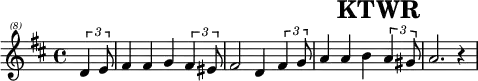 \header{tagline=##f title="KTWR"}
% https://www.intervalsignals.net/sounds/gum-ktwr_130815.mp3
sustainOfn = \sustainOff\sustainOn
common = {\key d \major \partial 4}
main = \relative{
  \clef "treble^(8)" \common \tuplet 3/2{d''4 e8}
  fis4 4 g \tuplet 3/2{fis4 eis8} fis2 d4 \tuplet 3/2{fis g8} a4 4 b \tuplet 3/2{a gis8} a2. r4
}
acco = \relative{
  \set Staff.midiInstrument = "acoustic guitar (steel)"
  \set Staff.midiMaximumVolume = #0.7
  \clef "treble_(8)" \common s4
  <<{
    \grace{d16\sustainOn a' d}fis2 \grace{g,,16\sustainOfn g' d'}a'2 
    \grace{d,,16\sustainOfn a' d}fis1
    \grace{d,16\sustainOfn a'}e'2 \grace{e,16\sustainOfn gis}e'2
    \grace{a,,16\sustainOfn cis'}e2. r4\sustainOff
  }\\{
    s1 s4 \tuplet 3/2 4{d4 e8 fis4 e8 d4 cis8} d4 cis b gis a2.
  }>>
}
\score{\main \layout{indent=#0 line-width=#120 }}
\score{<<\main \new Staff \acco>> \midi{\tempo 4=110}}
