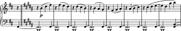 
\relative c'' {
 \new PianoStaff <<
  \new Staff \with { \remove "Time_signature_engraver" } {
   \key b \minor \time 2/2 \set Score.tempoHideNote = ##t \tempo "" 4=250 \partial 4
   r4 \bar "||" \key b \major r b\p ( dis fis) r fis( e dis)
   r dis( cis b) r b( ais gis) r fis( gis ais) r ais( b cis)
   r cis( dis e~ e dis ais' b)
  }
  \new Staff \with { \remove "Time_signature_engraver" } { \key b \minor \time 2/2 \clef bass
   <<
    {
     fis,,,4_~ \key b \major fis2. fis4~ fis2. fis4~ fis2. fis4~ fis2. fis4~
     fis2. fis4~ fis2. fis4~ fis2. fis4~ fis2.
     \shape #'((1 . -3) (1 . -2.8) (1 . -2.8) (1.5 . -2.3)) Slur
     \shape #'((1 . -4) (1 . -4) (1 . -4) (1.5 . -3.5)) PhrasingSlur
     <b fis>4*1/2^( ^\( \hideNotes <b fis>8) \)
    }
   \\
    { s4 b,1 b b b b b b b }
   >>
  }
 >>
}
