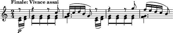 { { \key c \major \time 2/4
\tempo "Finale: Vivace assai"
\tempo 4 = 130
<< \new Voice \relative f''{
     \partial 8 \stemUp \slurUp f8\rest | f4\rest f8\rest c^.
     b16( c d b g8) f'8\rest | f4\rest f8\rest g^. | f16( e d c b8) }
   \new Voice \relative e' {
     \partial 8 \stemDown \slurDown <e c>16( \p <f d>)
     <g e>8_.[ <g e>_. <g e>_. <g e>_.] | <g f>4. <e c>16( <f d>)
     <g e>8_.[ <g e>_. <g e>_. <g e>_.] | <g f>4. } >> }}
