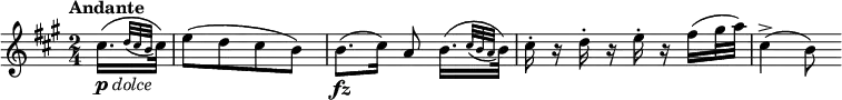  
{ \relative cis'' { \key a \major \time 2/4
\tempo "Andante"
\tempo 4 = 50
\partial 8 cis16.([ _\markup { \musicglyph #"p" \italic "dolce" } \appoggiatura { d32 cis b } cis32)] |
e8([ d cis b)] | b8.( \fz cis16) a8 b16.([ \appoggiatura { cis32 b a } b32)] |
cis16-. r d-. r e-. r fis( gis32 a) | cis,4(-> b8)}} 