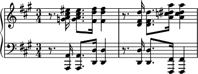 {
\new PianoStaff <<
\new Staff <<
\relative c'' {
\clef treble \key fis \minor \time 3/4
r8. <g a cis eis>16 <g a cis eis>8. <fis d' fis>16
<fis d' fis>4 r8. <d fis d'>16 <d fis d'>8. <a' c dis a'>16
<a c dis a'>4
}
>>
\new Staff <<
\new Voice \relative c, {
\clef bass \key fis \minor \time 3/4
r8. <a a'>16 <a a'>8. <d d'>16
<d d'>4 r8. <d d'>16 <d d'>8. <fis, fis'>16
<fis fis'>4
}
>>
>> }